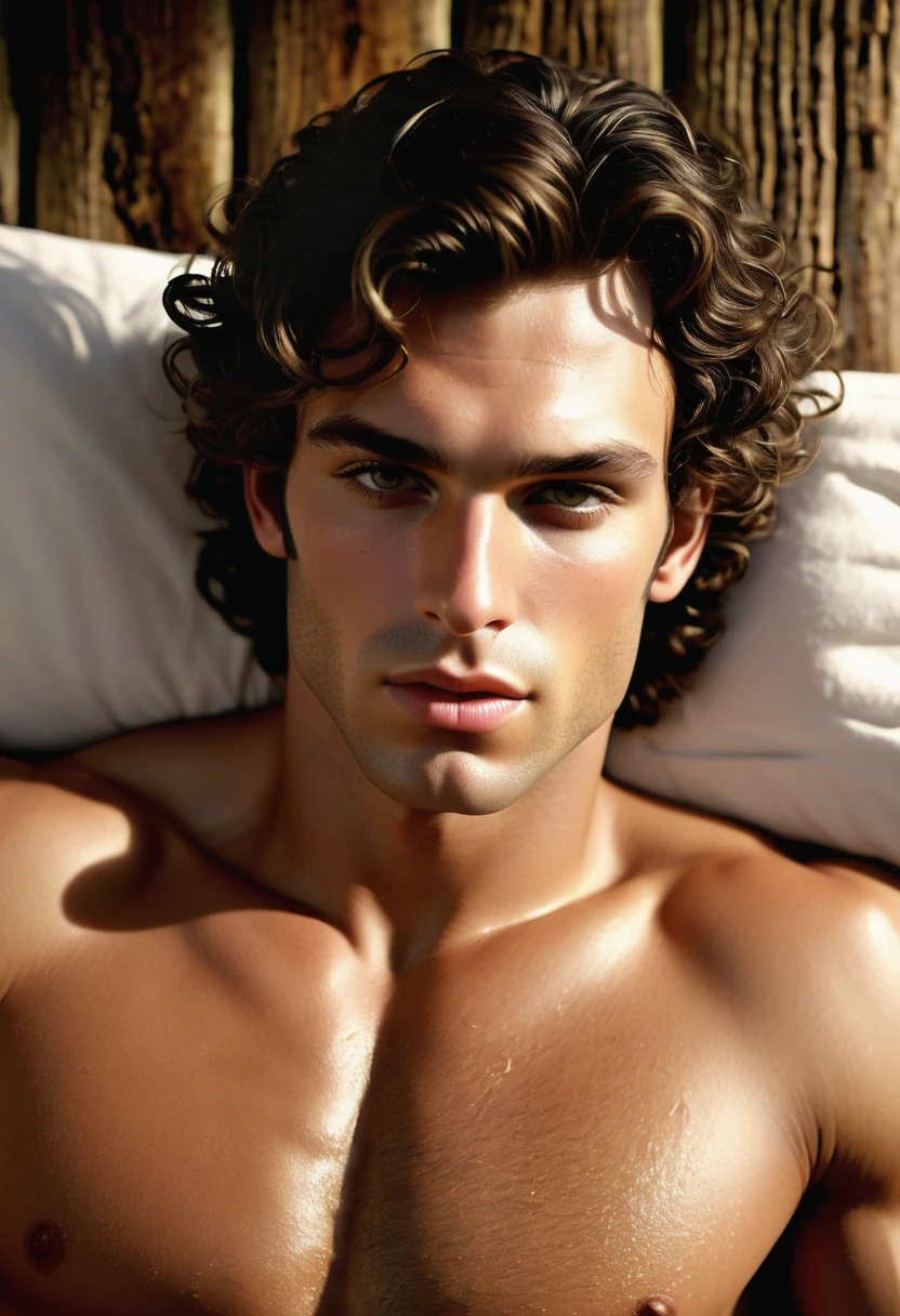 (highly detailed, detailed skin, detailed face, soft light, photorealistic, dynamic light; cinematic); victorian era; 1820s; 24 years old man; Greek; 1820s Anglican priest; incredibly attractive; dark and brooding; masculine yet beautiful; hazel-green eyes; helpless longing stare; intimate sexually-charged atmosphere; Adonis; moody; intense; hooked Greek nose; sensual; amorous air; very attractive; toned figure; olive skin, flushed in excitement; stubble; hazel-green eyes; thick strong dark-brown eyebrows; long full sideburns; fully naked toned chest with dark body-hair; dark chest-hair; short tousled dark-brown wavy hair; full luscious moist lips, parted; mouth slightly open; laying on an 1820s bed in a rustic 1820s log cabin; laying in a sexual inviting pose, asking for sex; hazel-green eyes; looking at camera