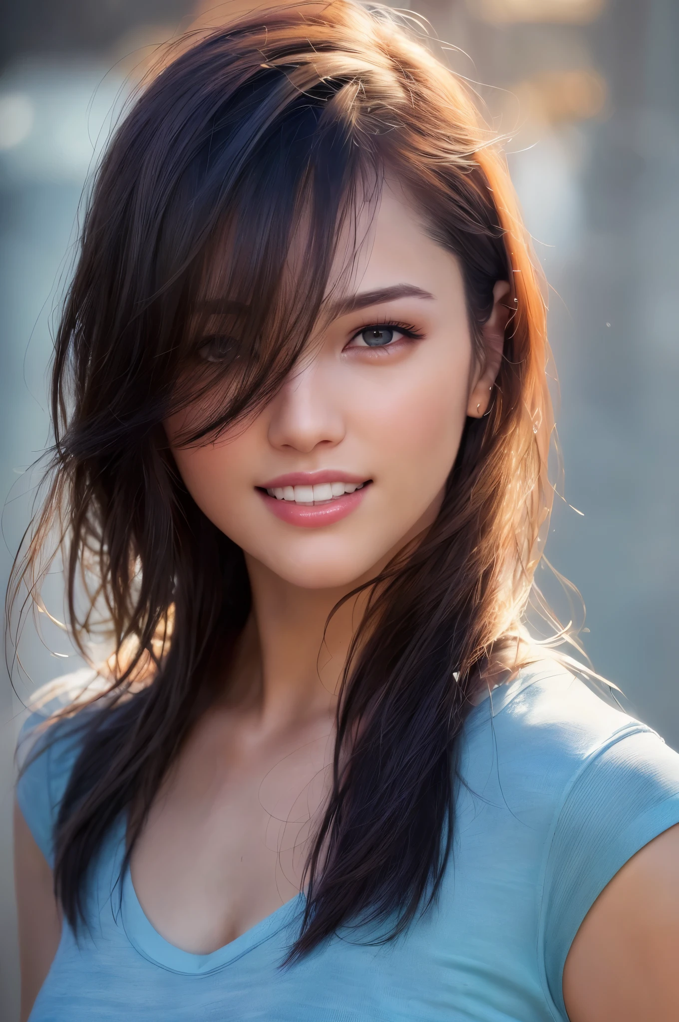 Dressed, (Photorealistic: 1.4), (Hyperrealistic: 1.4), (Realistic: 1.3), (Smooth Lighting: 1.05), (Improved Cinematic Lighting: 0.9), 32K, 1 Girl, 18 Year Old Girl, Realistic Lighting, Backlit, Face Lights, Ray Tracking, (Bright Light: 1.2), (Quality Improvement: 1.4), ( Top quality realistic texture skin: 1.4), fine detailed eyes, detailed face, fine quality eyes, (smile: 1.4), facing forward, looking here, face close-up, t-shirt, (enhance the atmosphere of body line: 1.1), (enhance the beauty of skin texture: 1.1)