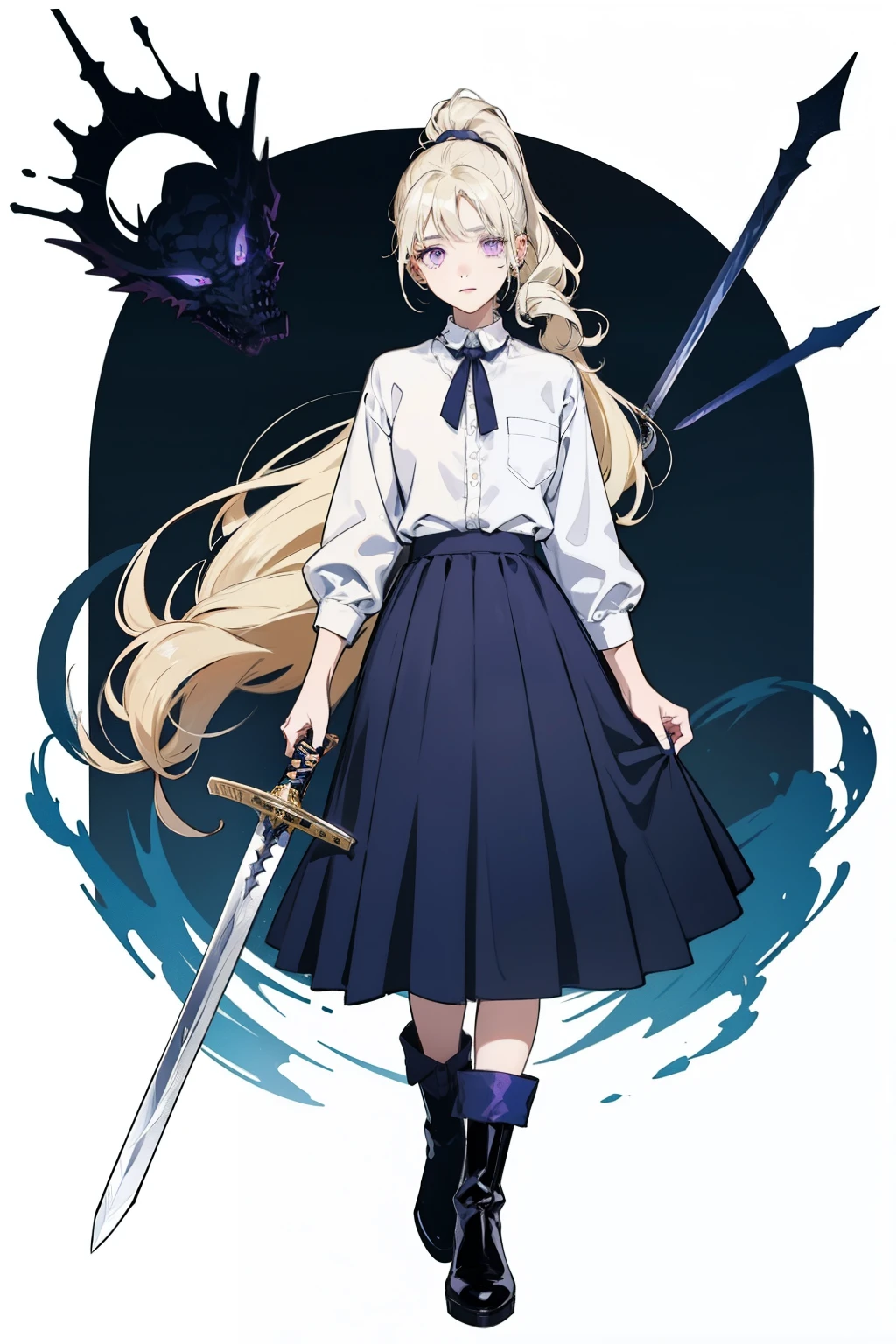 Seventeen-year-old girl，Height 170cm，blonde hair curly hair，long hair，high ponytail，purple eyes，Top white shirt，Dark blue midi skirt，Silver boots，take sword，firm eyes，sharp eyes，stand upright，front，whole body，no background