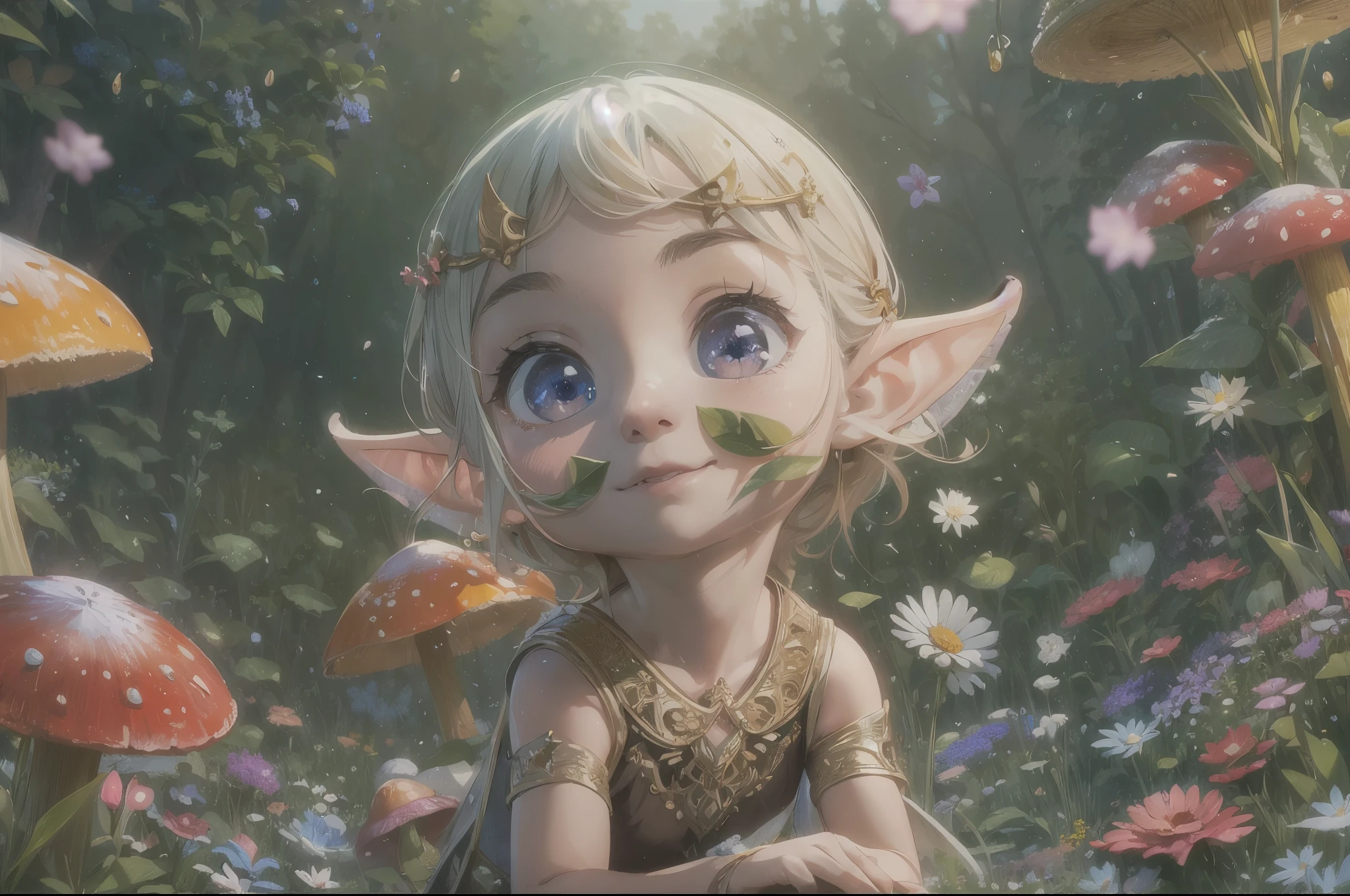 (best quality,4k,8k,highres,masterpiece:1.2),ultra-detailed,(realistic,photorealistic,photo-realistic:1.37),little elf,in a flower field,surrounded by fairies and points of light,flying petals, magical atmosphere,enchanting,mushrooms, vibrant colors,soft sunlight,glistening dewdrops.