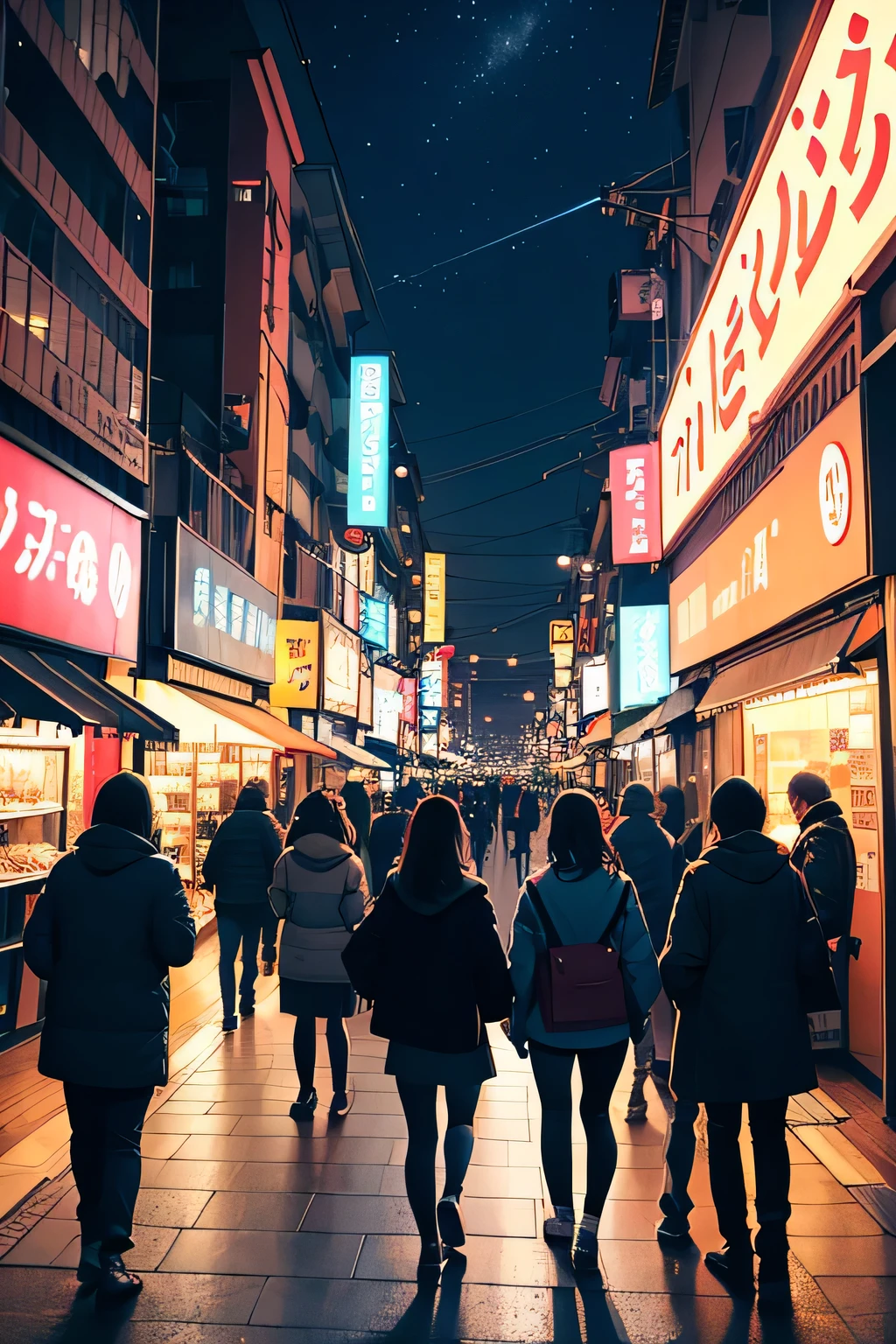  A busy street in a Japanese metropolis, illuminated by the bright neons of the stores, bares e letreiros luminosos. Excited people walk along the sidewalks, enquanto carros passam rapidamente pelas ruas. The night sky is dotted with stars, e a lua brilha suavemente sobre a cena, adding a touch of magic to the hustle and bustle of urban life.
