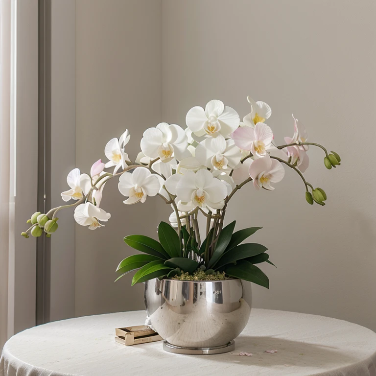 Arreglo de flores, with many white and pink orchids, en un florero plateado, en una habitacion elegante con luz blanca.