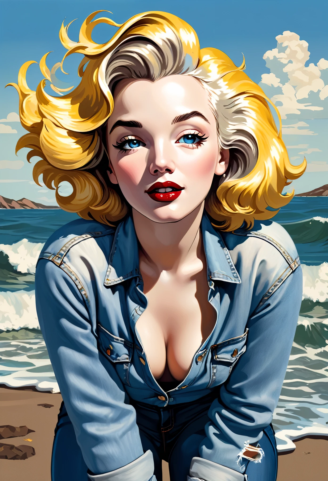 Create an illustration of Marilyn Monroe wearing Levi&#39;s jeans, with reference to the painting &#39;Birth of Venus&#39; by Botticelli. O estilo deve ser de pintura digital, influenced by American comics, cores planas, luz e sombras suaves, fundo neutro e um rosto sereno e sorridente.