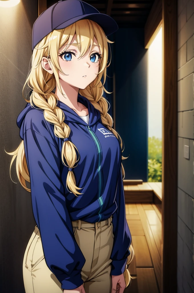 a anime like female character with long blonde hair stands beside a blue object, 1girl, twin braids, blonde hair, braid, long hair, hat, hood, short sleeves, pants, solo, baseball cap