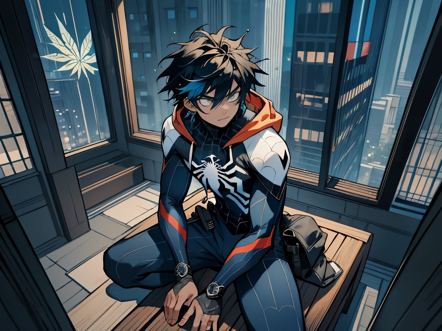 (masterpiece, best quality), intricate details, 8k, artstation, wallpaper, official art, splash art, sharp focus, high angle shot, shut from above
1boy, blue black two-tone colored dreadlocks hairstyle, tanned Caribbean-descendant, crouched beside large marble statue,
Techwear hoodie Spiderman suit, spider web print, spiderweb pattern sweatpants, web-shooters on wrists, arcane patterns, bioluminescent webs, cannabis fan leaf hair ornament, Hi-Tech goggles 
Luxurious skyscraper rooftop garden, koi pond 