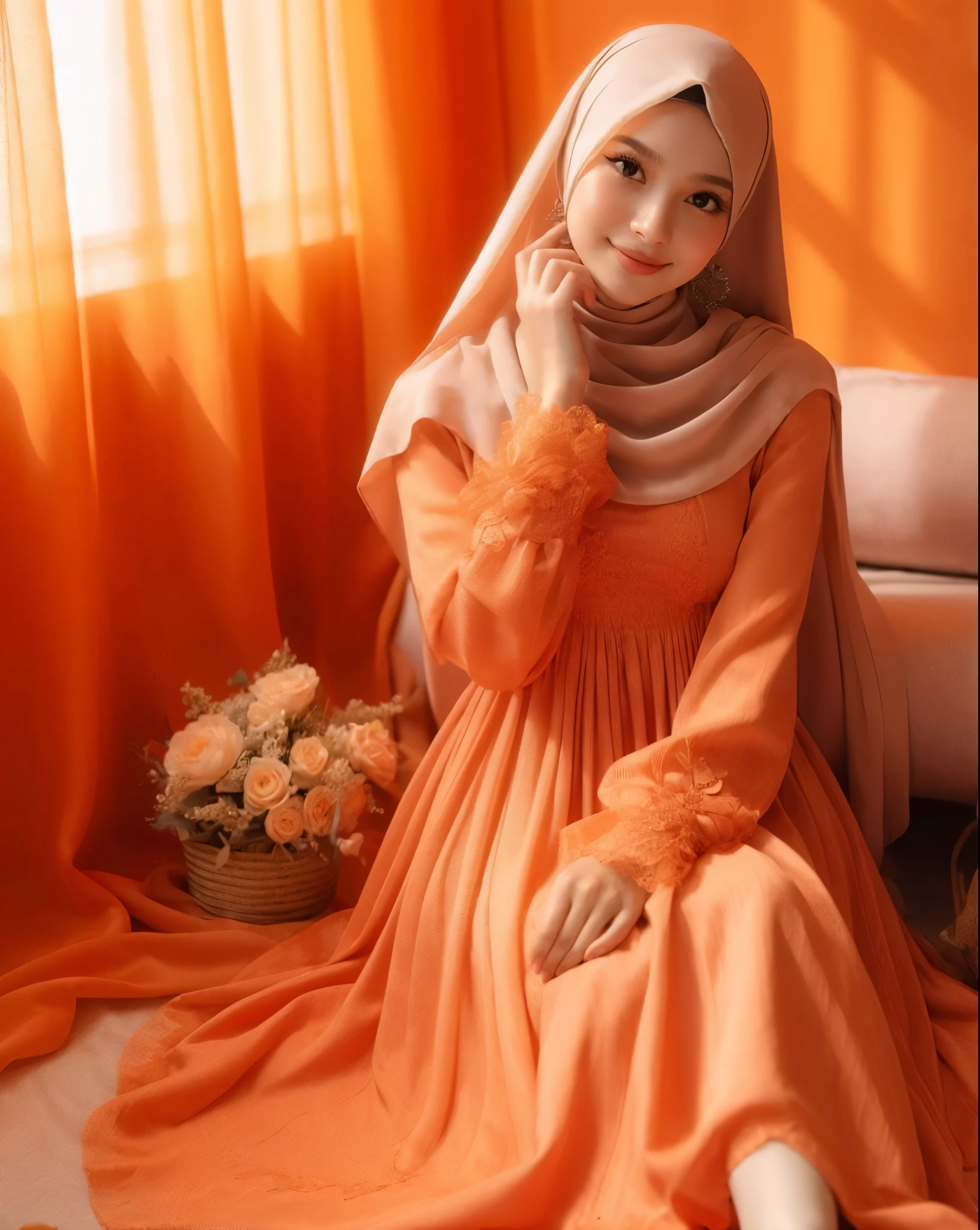 Masterpiece, realistic, best quality, best lighting, 1 girl photo solo, beautifully makeup, eyeshadow, Parted Lips, Detailed Eyes, beautiful big eyes, long eye lashes, smile, dramatic lighting, full body, bitch, wearing ((Gray satin headscarf)), loosely tide hijab style, ((Taupe satin shirt)), satin palazzo pants, satin pyjamas, tight skin