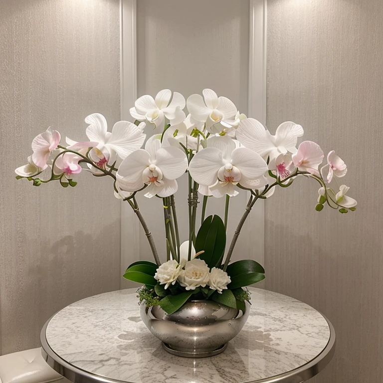 Arreglo de flores, with many white and pink orchids, en un florero plateado, en una habitacion elegante con luz blanca.