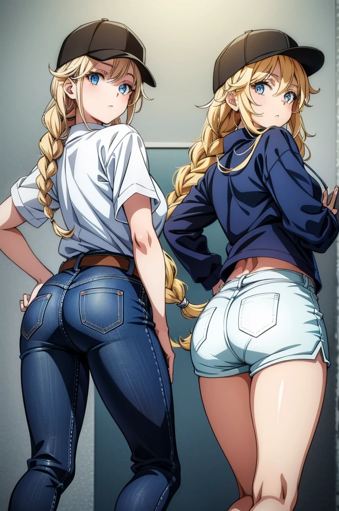 two anime women pose for an artsy sexy magazine photo shoot against a white wall, blonde hair, braid, blue eyes, ass, long hair, shorts, hat, denim, pants, looking at viewer, baseball cap, multiple girls, black headwear