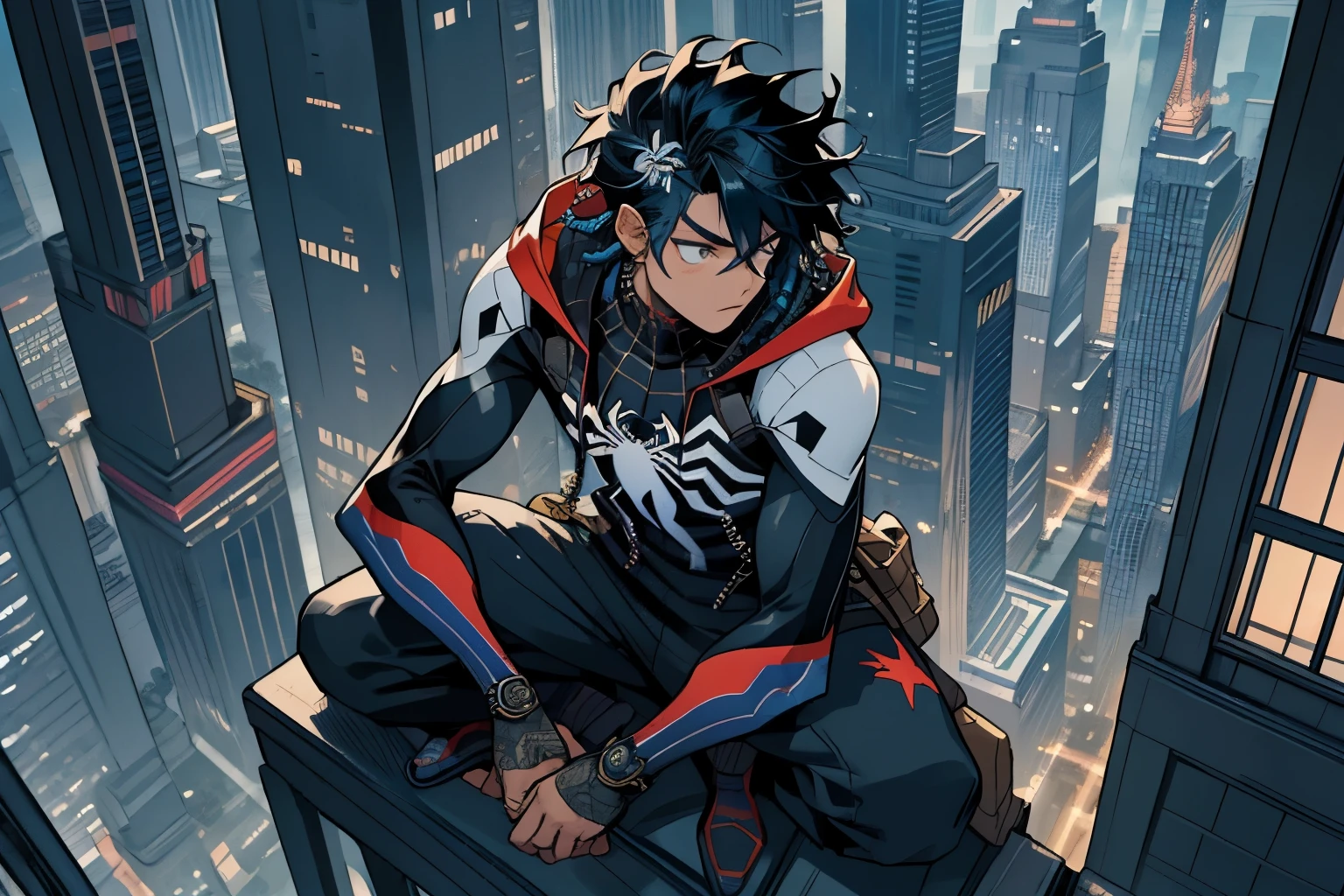 (masterpiece, best quality), intricate details, 8k, artstation, wallpaper, official art, splash art, sharp focus, high angle shot, shut from above
1boy, blue black two-tone colored dreadlocks hairstyle, tanned Caribbean-descendant, crouched beside large marble statue,
Techwear hoodie Spiderman suit, spider web print, spiderweb pattern sweatpants, web-shooters on wrists, arcane patterns, bioluminescent webs, cannabis fan leaf hair ornament, Hi-Tech goggles 
Luxurious skyscraper rooftop garden, koi pond 