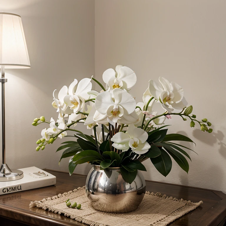 Arreglo de flores, with many white and pink orchids, en un florero plateado, en una habitacion elegante con luz blanca.