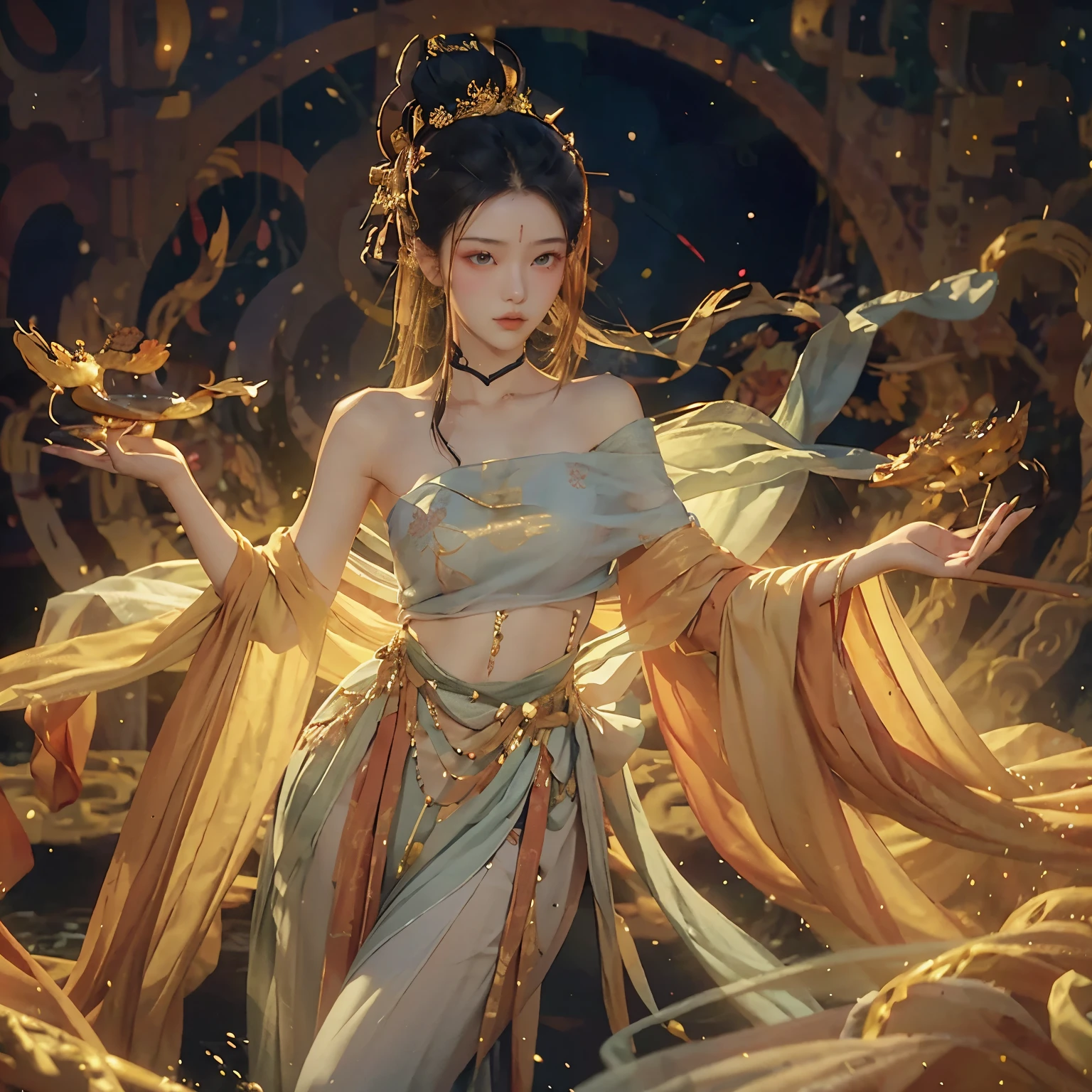 A young, attractive oriental woman is depicted in this picture, with exposed shoulders, chest, and legs, adorned with an abundance of flowers, representing the traditional costume of her culture. She stands confidently facing the front, her slim waist and healthy hips accentuated by the outfit. The fantastic space around her is filled with the richness of nature, creating a breathtaking backdrop. The lighting adds a strange yet captivating coloration to the scene, making it appear as if this moment has been taken straight from a high-quality photo. The very delicate depiction of her features, along with the twinkling stars in the sky and the refreshingly flowing small stream, further enhances the surreal and eth , extra seductive