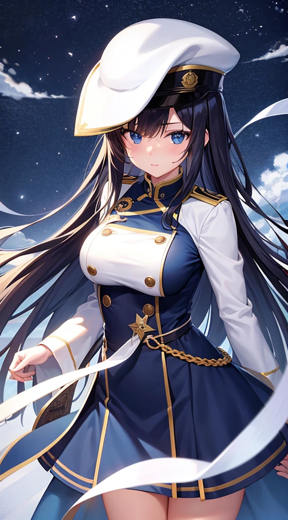 ｛creation、high quality、Highest image quality、4K｝、big breasted beauty、black hair、blue eyes、Japan Navy、white military uniform、long hair、embarrassed face、