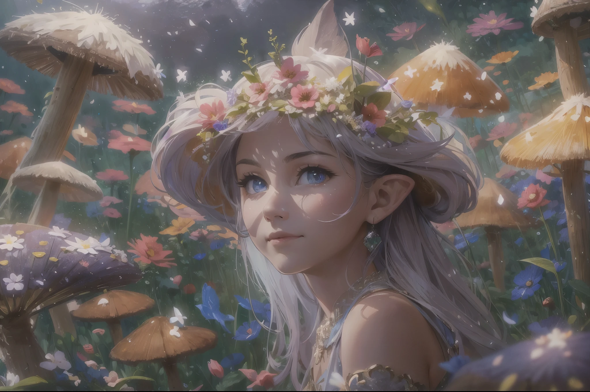 (best quality,4k,8k,highres,masterpiece:1.2),ultra-detailed,(realistic,photorealistic,photo-realistic:1.37),little elf,in a flower field,surrounded by fairies and points of light,flying petals, magical atmosphere,enchanting,mushrooms, vibrant colors,soft sunlight,glistening dewdrops.