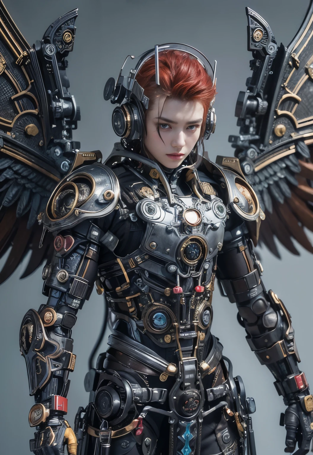 (top-quality:1.2, masterpiece)、ultra high resolution、extremely ultra surrealism, (Photorealsitic:1.4)、Raw photo、Steampunk Battle Cyborg fallen angel、large wings made of metal、black porcelain body、red  hair、glowy skin、1 Cyborg boy、japanese, extremely handsome face,  ((super realistic details))、portrait、globalillumination、Shadow、octan render、8K、ultrasharp、character edge light、Details of complex ornaments、Acrylic Clear Cover、Sumerian details、Ultra-realistic and precise machine details, Hydraulic cylinder、Small LED lamp、highly intricate detail、Realistic light、a purple eye、radiant eyes、Facing the camera、neon details、cowboy  shot、Futuristic headgear、About Cyberpunk