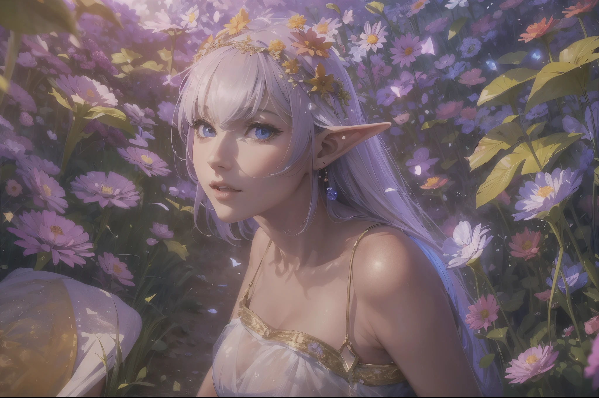(best quality,4k,8k,highres,masterpiece:1.2),ultra-detailed,(realistic,photorealistic,photo-realistic:1.37),little elf,in a flower field,surrounded by fairies and points of light,flying petals, magical atmosphere,enchanting,mushrooms, vibrant colors,soft sunlight,glistening dewdrops.