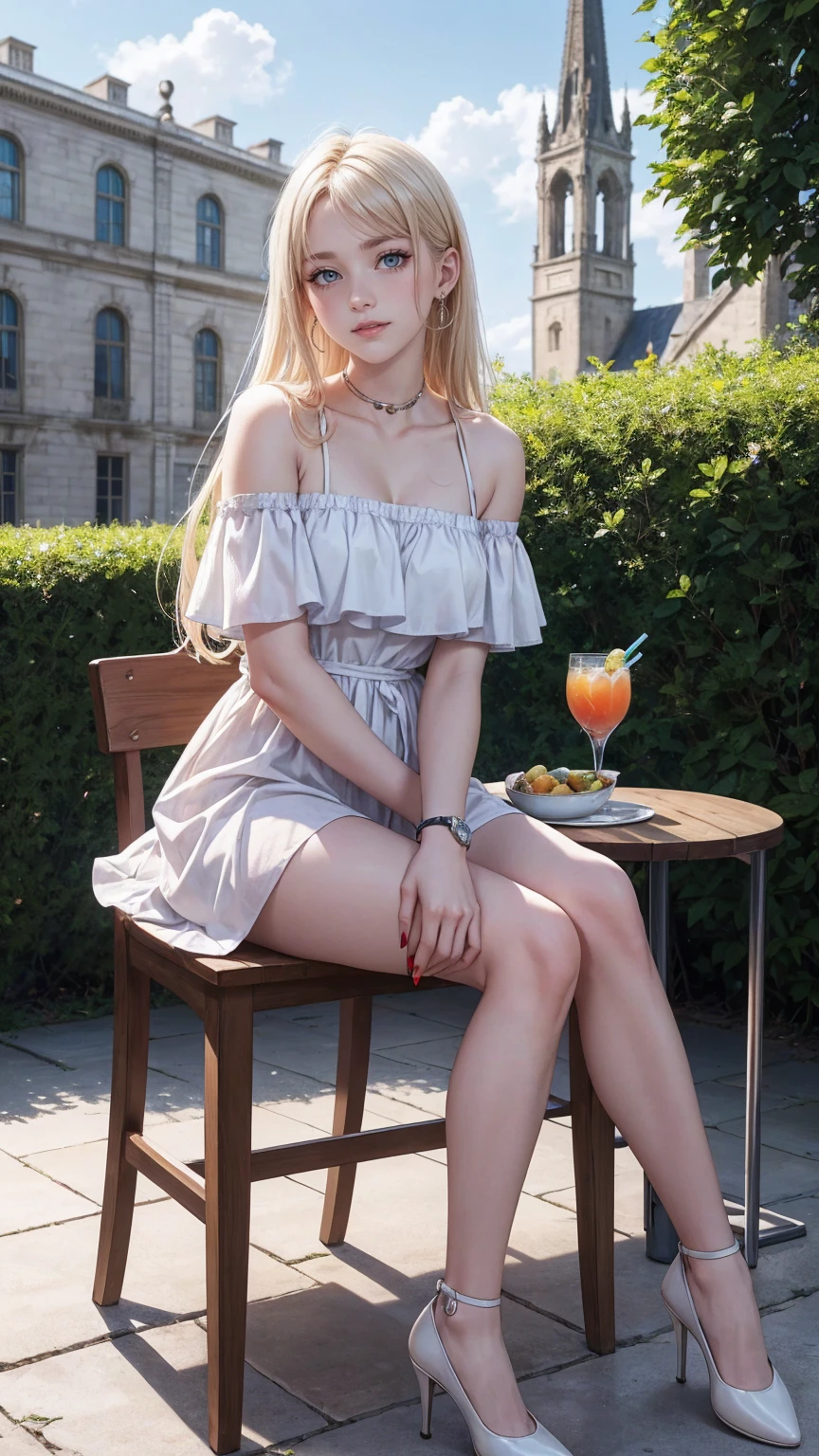 ((最high quality, 8K, masterpiece: 1.3, Ultra HD, high quality, 最high quality, High resolution, realism)) 、(high color saturation:1.0), (highly detailed skin), (最high quality:1.0), (超High resolution:1.0) ,(realistic:1.0), (Super detailed:1.0), (8K, Raw photo:1.1), slender、Slender, muscular body that's toned like an athlete's、I don't want my head to disappear from the screen.、Accessorize your wrist、Wearing red nail polish、I have a peticure、25 year old white woman、platinum blonde、blue eyes、long hair、hair above one eye、smile、Gothic historical building、Sit on a chair on the terrace in the courtyard、The table is decorated with a basket of fruit and cups of drinks.、Wear an off-shoulder bodycon dress、Wear high heelansion garden、Blooming profusely、The ground in the courtyard is grass、Surrounded by a hedge、Blue sky beautiful、It's early summer、The wind is pleasant、smile