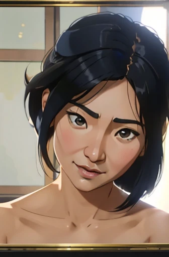 Risa, black haired japanese girl, short black hair, sitting in classroom in uniform , cute, beautiful, realistic style, highly detailed, 4k, look at camera, face close-up, ((golden ratio, center frame)), (((RISA))), face in center of picture ((NUDE)), (looking away from camera), laughing