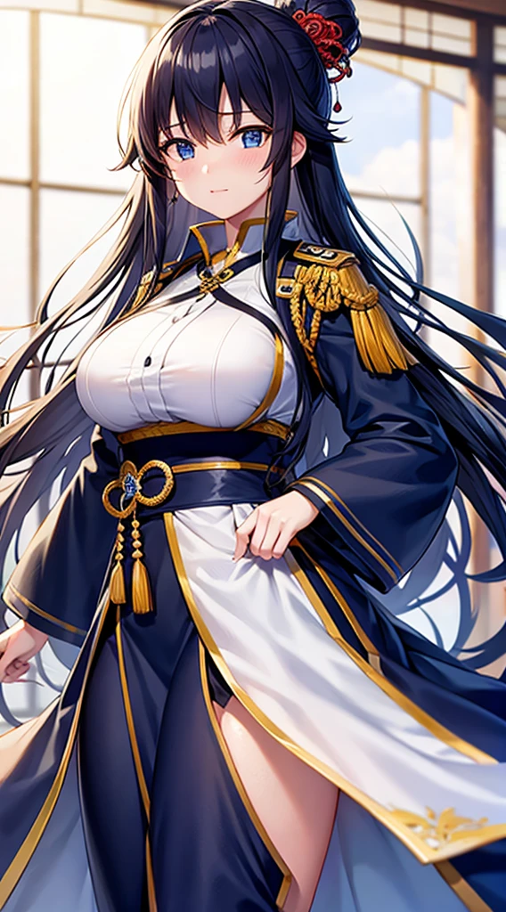 ｛creation、high quality、Highest image quality、4K｝、beautiful woman with big breasts、black hair、blue eyes、Japan Navy、white military uniform、long hair、embarrassed face、kimono、