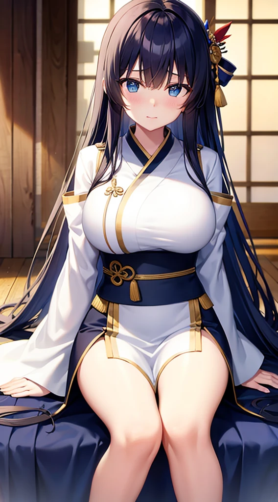 ｛creation、high quality、Highest image quality、4K｝、beautiful woman with big breasts、black hair、blue eyes、Japan Navy、white military uniform、long hair、embarrassed face、kimono、