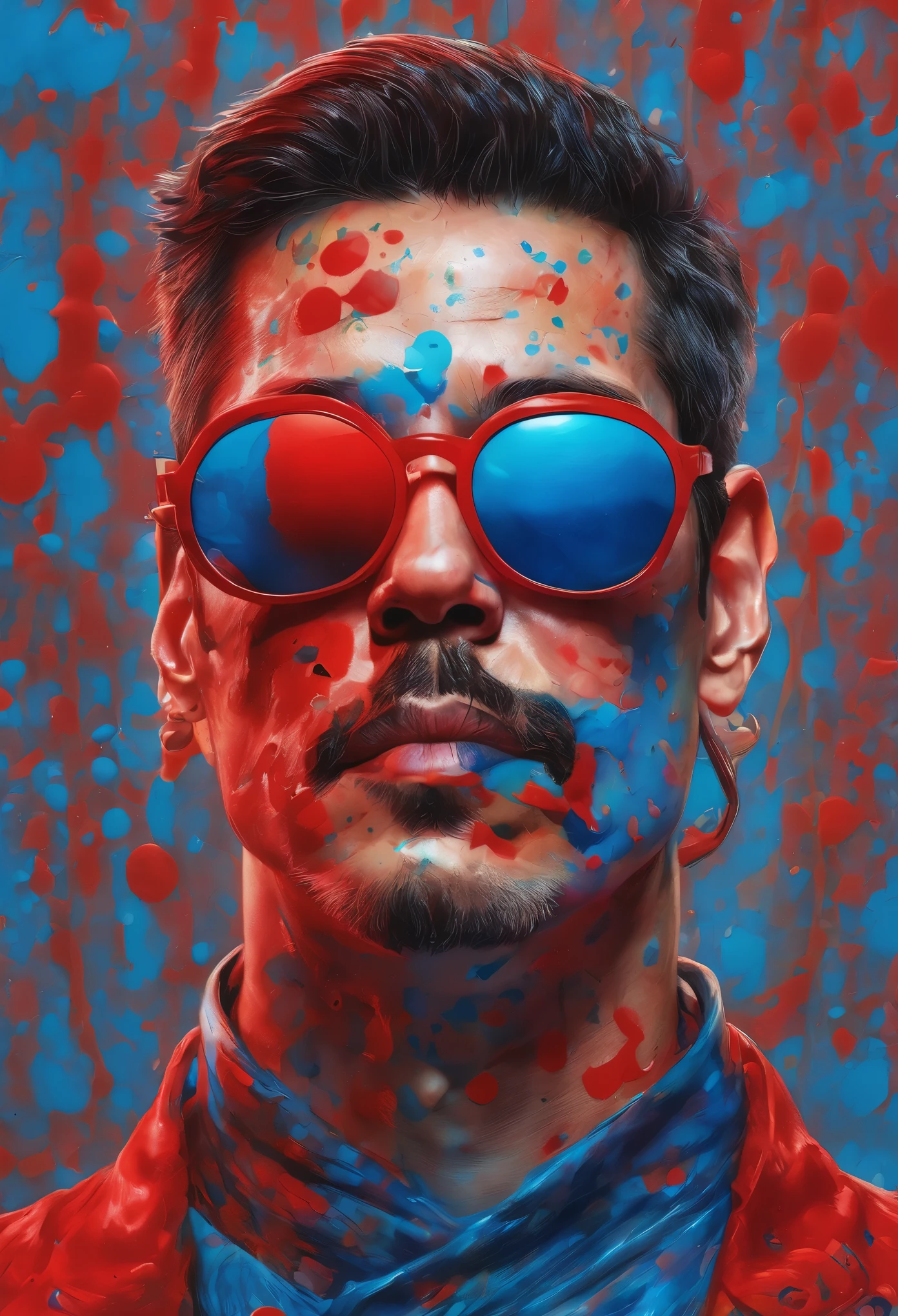close up，One wearing a red mask、Drawing of man with glasses on face，There is background and red and blue paint spots，Eddie Mendoza，artisanal art，Highly detailed digital art，pop art