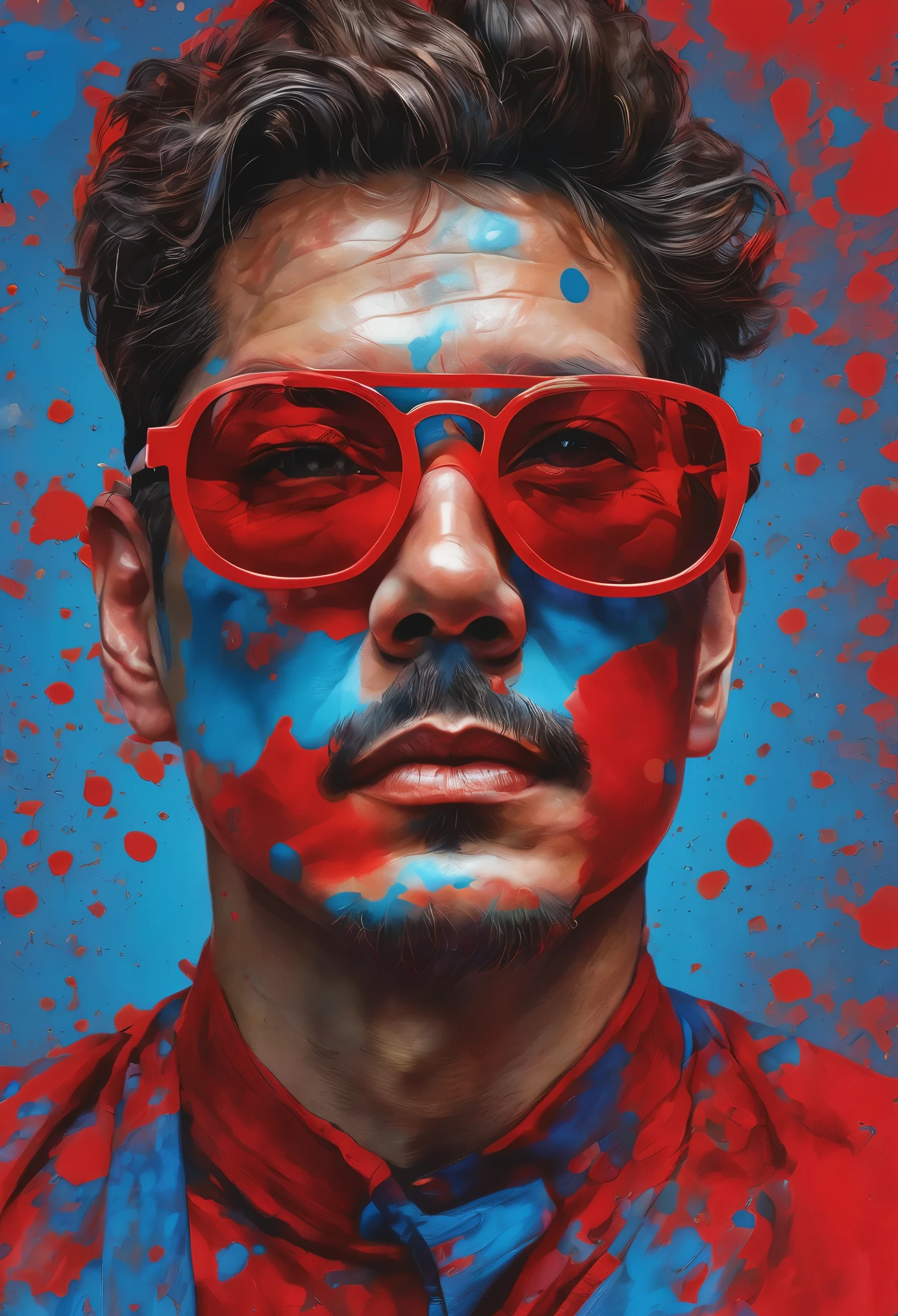 close up,One wearing a red mask、Drawing of man with glasses on his face,There is background and stains of red and blue paint,Eddie Mendoza,artisanal art,high detailed digital art,pop art