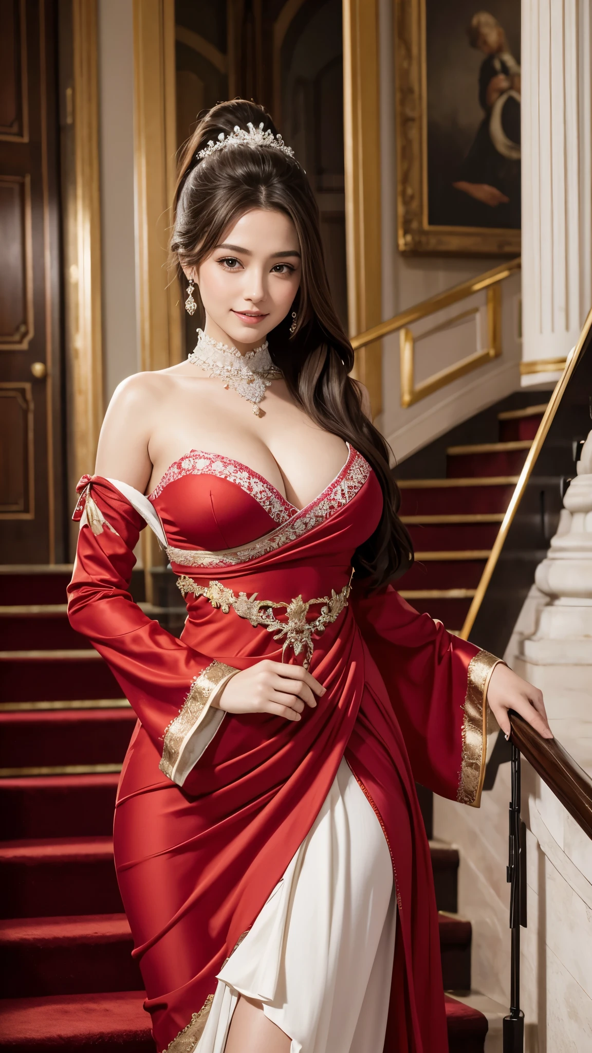 4k, best quality, realistic, detailed, A gorgeous and stylish beauty with gigantic bell-shaped saggy breasts and a firm body, A ponytailed young lady from a top-class aristocrat laughed loudly and nobly, spreading a feather fan to hide her mouth. She was wearing a gorgeous dress with a flared skirt and descending a luxurious staircase like that of a castle, covered with a red carpet.