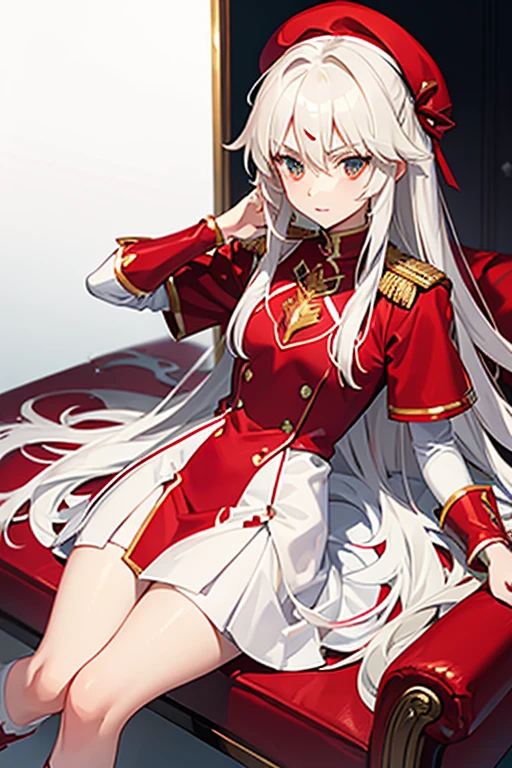 mordred from fate in a white and red uniform with a red beret