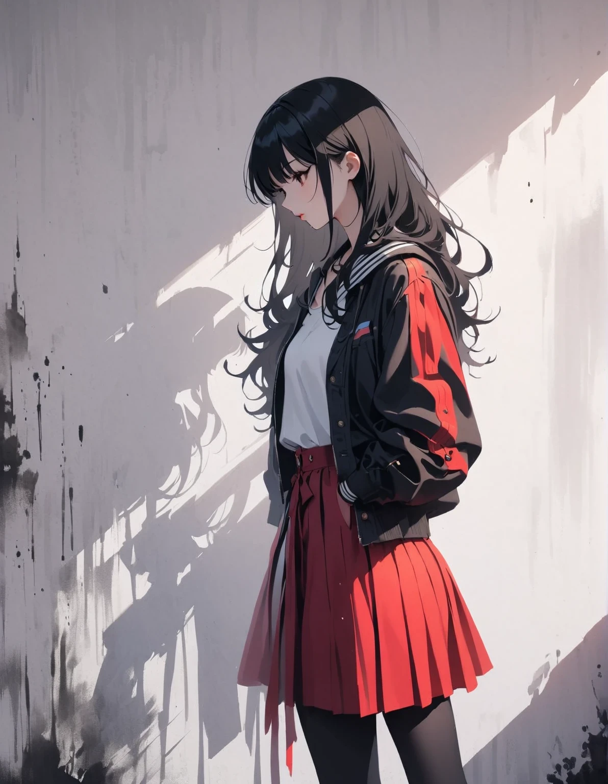 in style of Edward Bawden, ink art, side view,(better quality, outline:1.2),realist,illustration,long hair girl, delicate lips, red skirt, (newspaper background),neon hair, Retro Style, (black bob hair:1.75 neon lights:1.32), , dark shadow