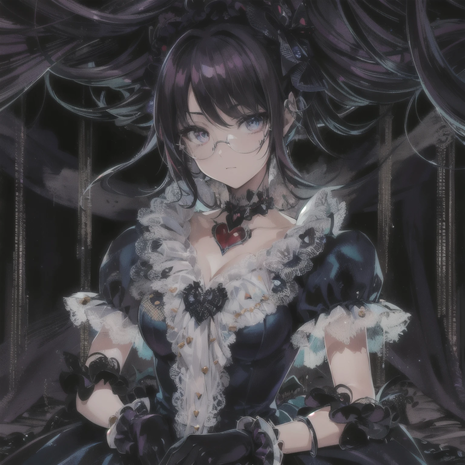 anime - style illustration of a woman in a blue dress with a red heart, gothic maiden anime girl, portrait of lolita, an elegant gothic princess, 1 7 - year - old anime goth girl, gothic maiden, princess of darkness, with haunted eyes and glasses, portrait of magical lolita girl, portrait gapmoe yandere grimdark, beautiful vampire queen