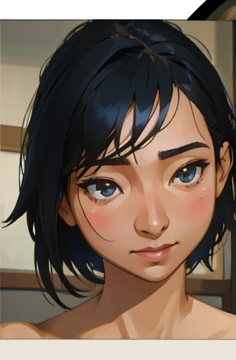 Risa, black haired japanese girl, short black hair, sitting in classroom in uniform , cute, beautiful, realistic style, highly detailed, 4k, look at camera, face close-up, ((golden ratio, center frame)), (((RISA))), face in center of picture ((NUDE)), (looking away from camera), laughing