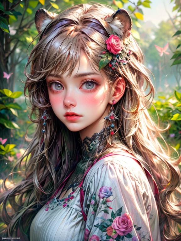 (best quality,realistic,8K,high resolution),cute girl, pretty girl, sexy white tiger, lush green garden, vibrant flowers, whimsical butterflies, sparkling sunlight, dreamy atmosphere, soft pastel colors, captivating gaze, flawless complexion.