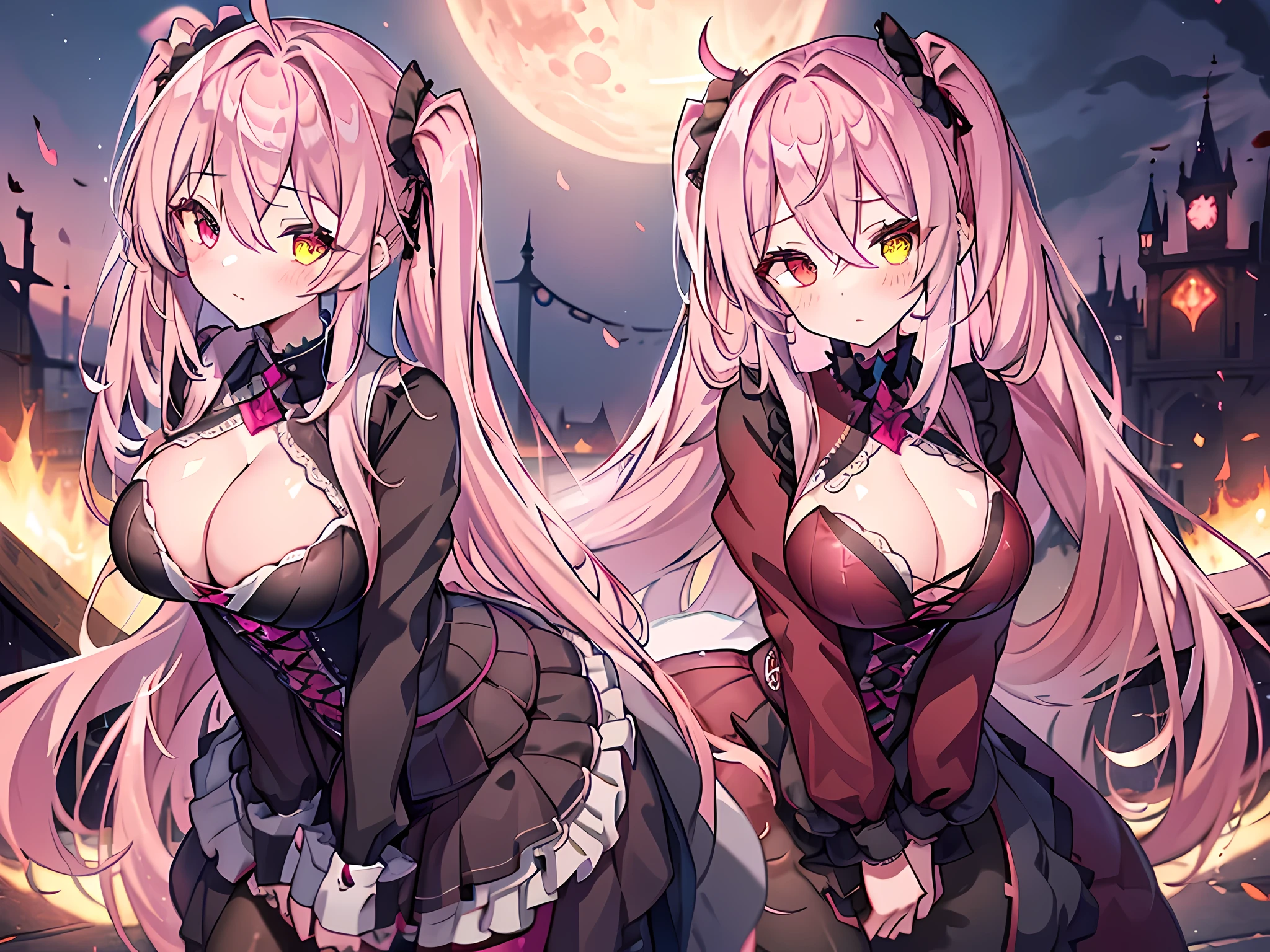 (masterpiece), best quality, expressive eyes, perfect face,((1girl)),gothic ta,(big breasts),cleavage,(pink hair),long hair,twin tails,(hair covering one eye),red eyes,yellow eyes,castle scenery,red moon,(particles:0.9),(glitter:0.9),standing,head tilt, heterochromia,full body