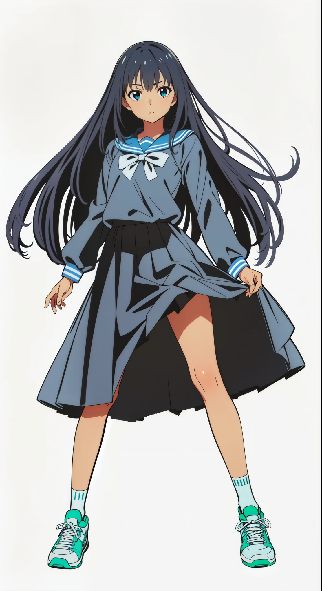 (tareme:1.5), (white background:1.0), (best quality:1.0), (masterpiece:1.0), (super fine illustration:1.0), (beautiful artwork:1.0), (anime screencap:1.0), (official art:1.0), (solo:1.0), (JHSGA:1.0), (a 15yo cute girl:1.0), (long skirt:1.0), (dark blue skirt:1.0), (pleated skirt:1.0), (dark blue sailor uniform:1.0), (long sleeve sailor uniform:1.0), (sneakers:1.0), (white socks:1.0), (ideal ratio body proportions:1.5), (lanky:1.5), (tall:1.5), (slender:1.5), (small breasts:1.5), (smaller face:1.5), (tareme:1.0), (detailed beautiful eyes:1.0), (detailed beautiful face:1.0), (glowing black eyes:1.0), (medium hair:1.0), (black hair:1.0), (standing:1.0), (looking at viewer:1.0)