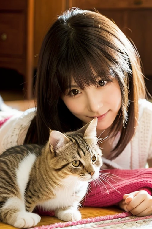 A super beautiful Japanese woman playing with a kitten