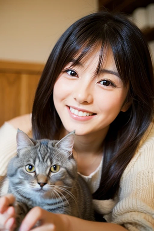 A super beautiful Japanese woman playing with a kitten