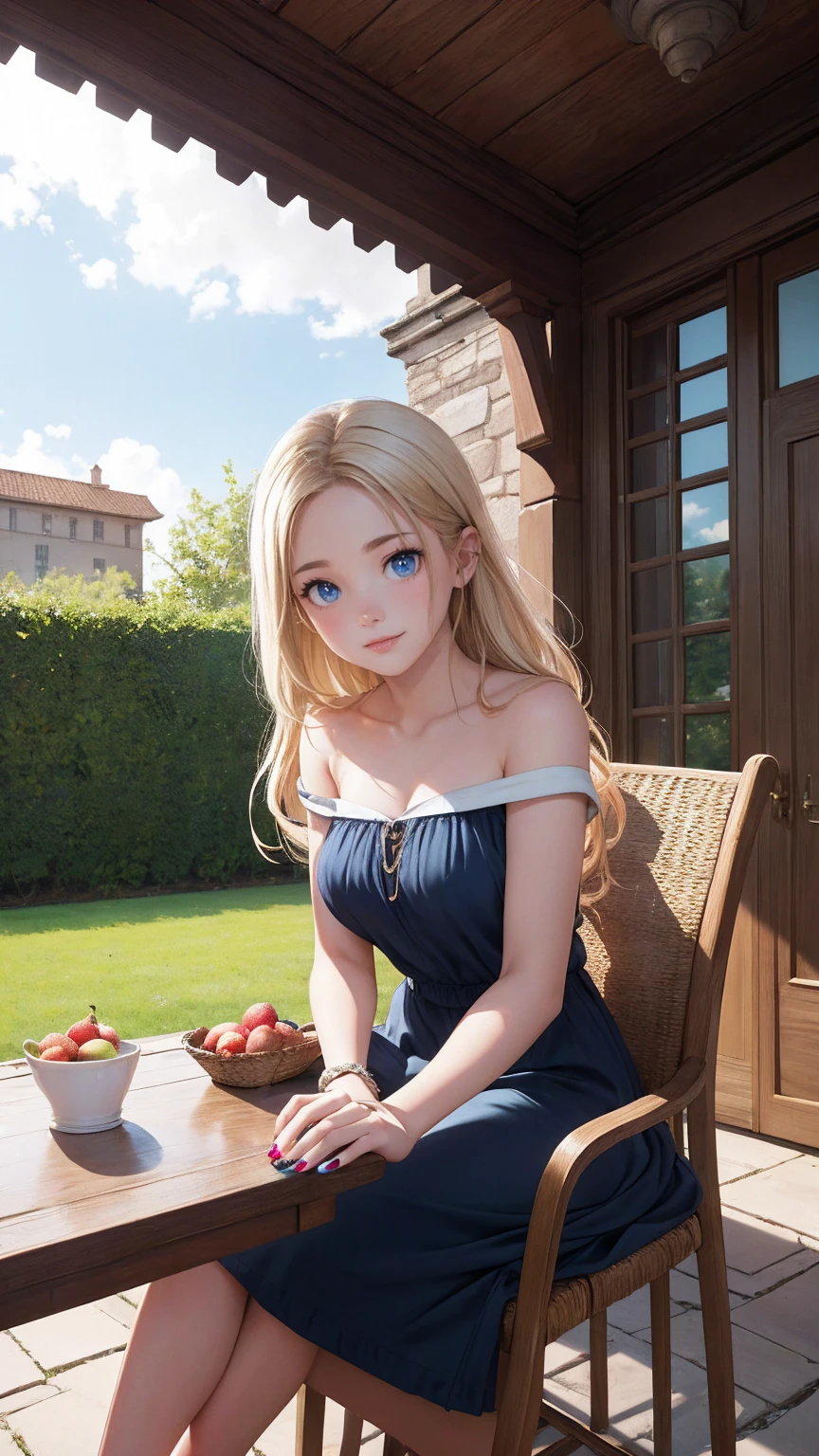 ((最high quality, 8K, masterpiece: 1.3, Ultra HD, high quality, 最high quality, High resolution, realism)) 、(high color saturation:1.0), (highly detailed skin), (最high quality:1.0), (超High resolution:1.0) ,(realistic:1.0), (Super detailed:1.0), (8K, Raw photo:1.1), slender、Slender, muscular body that's toned like an athlete's、I don't want my head to disappear from the screen.、Accessorize your wrist、Wearing red nail polish、I have a peticure、25 year old white woman、platinum blonde、blue eyes、long hair、hair above one eye、smile、Gothic historical building、Sit on a chair on the terrace in the courtyard、The table is decorated with a basket of fruit and cups of drinks.、Wear an off-shoulder bodycon dress、Wear high heelansion garden、Blooming profusely、The ground in the courtyard is grass、Surrounded by a hedge、Blue sky beautiful、It's early summer、The wind is pleasant
