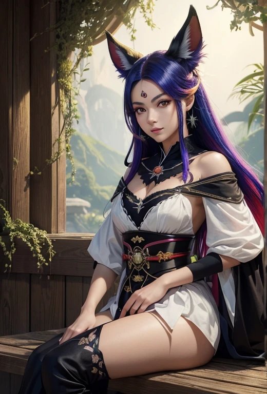 obra maestra , of the highest quality, cerca, obra maestra, hermosos detalles, vistoso, detalles delicados, labios delicados, Detalles intrincados, genuino, ultrargenuinoista, Girl with multicolored hair zorro sitting on a branch:lindo, maquillaje ligero, ,colorful zorro, Raposa la Nueve Colas, three tails zorro, three tails zorro, arte detallado de onmyoji, beautiful art illustration, Mythical creatures, zorro, hermoso arte digital,doncella del santuario,arquitectura japonesa,tomados de la mano,exquisite digital illustration, mizutsune, Inspirado en Mythical creatures de nidos salvajes., pixiv en el arte digital, luz deslumbrante, alto contraste, misterioso,Girl with multicolored hair zorro sitting on a branch,frente,Look at the camera.