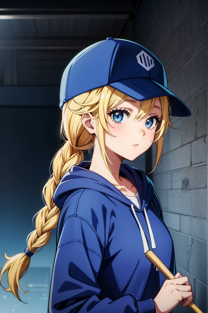 the anime looking girl has a blue hat on in the picture of her, 1girl, solo, braid, hat, blonde hair, hood, blue eyes, baseball cap, hoodie, looking at viewer, ponytail, hood down