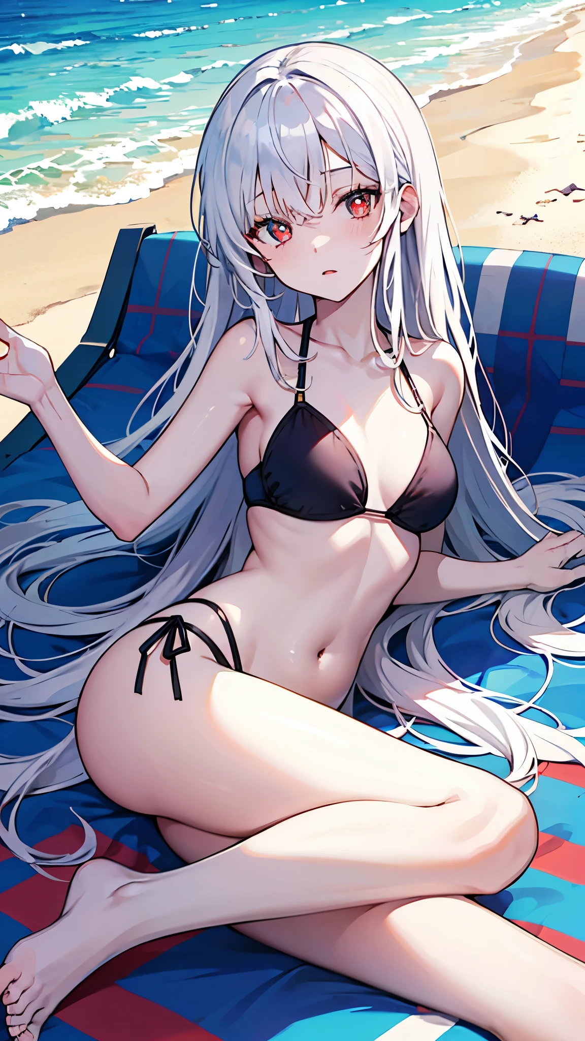 perfect face,Royal sister,white hair,long hair,red pupils,D cup,swimsuit,lazy expression,Side lying position,beach