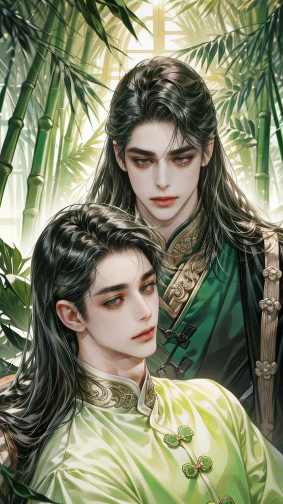 beautiful youth, a bright smile,All green clothing,(absurdres, highres, ultra detailed, HDR), masterpiece, best quality, (1 boy) , boy character ,((Thick ,black, long hair)),beautiful face,detailed interior, detailed character,((man)),(male in bamboo forest), black hair,he smile,1man,the house of ancient China, beautiful man with long black hair and black eyes,((solo man)),long hair,((he has a Big eyes, charming lips, slim nose and small face)),he has a slander shape,(thin body),position,ponytied it with accessories,(Men with small, narrow shoulders),ponytied it with accessories,