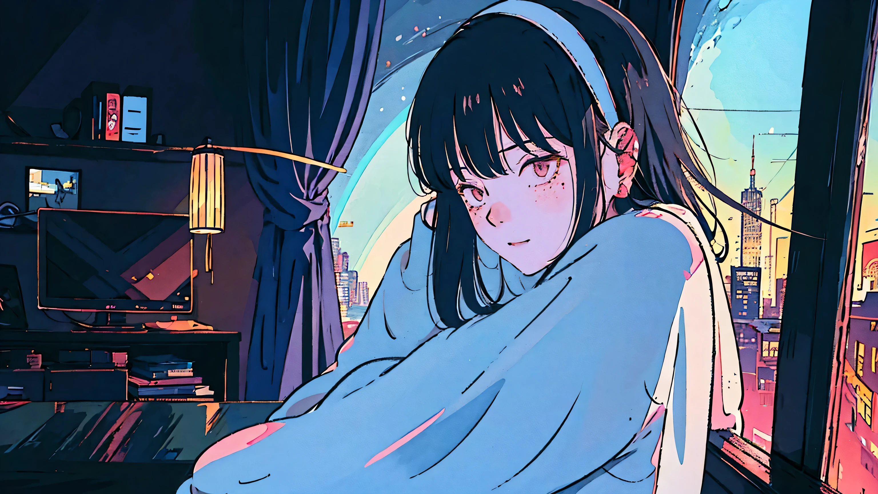 black hair, longeyelashes, solid circle eyes, light smile, wavy hair, mole under eye, hollow eyes, Surrealism, drop shadow, anaglyph, stereogram, tachi-e, pov, atmospheric perspective, negative space, from side, wide shot, 8k, super detail, ccurate, best quality, anatomically correct, textured skin, detailed anime girl, wearing a large sweater, wearing headband headphones, praise, quiet, quiet atmosphere, horrifying, Looking at the window in her bedroom, The cat is sleeping、night, quiet night, masterpiece, highest quality
