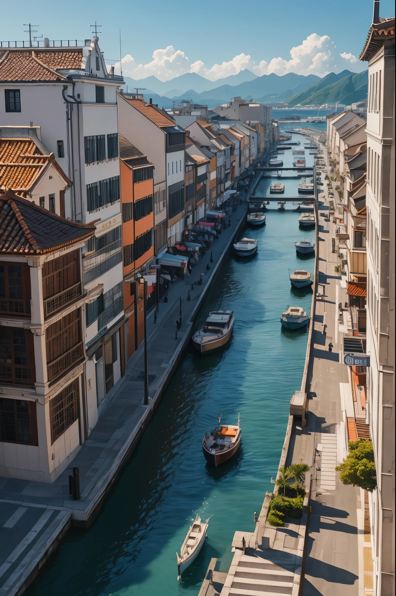 8K,中世期のBig port町,Bustling people々,unified orange roof,masterpiece,masterpiece,Photorealistic RAW photos of the highest quality。bright colors,rich colors, Backlight, cinematic lighting, film grain, to be born, 50MM lens, Nikon D850,realistic skin,fantasy art,character art,ultra high resolution,white wall,Homer,beautiful sea,beautiful expression,Big port,空から見たBig port町の風景,Port town of medieval Europe,Medieval streetscape,The roof is unified in orange color.,