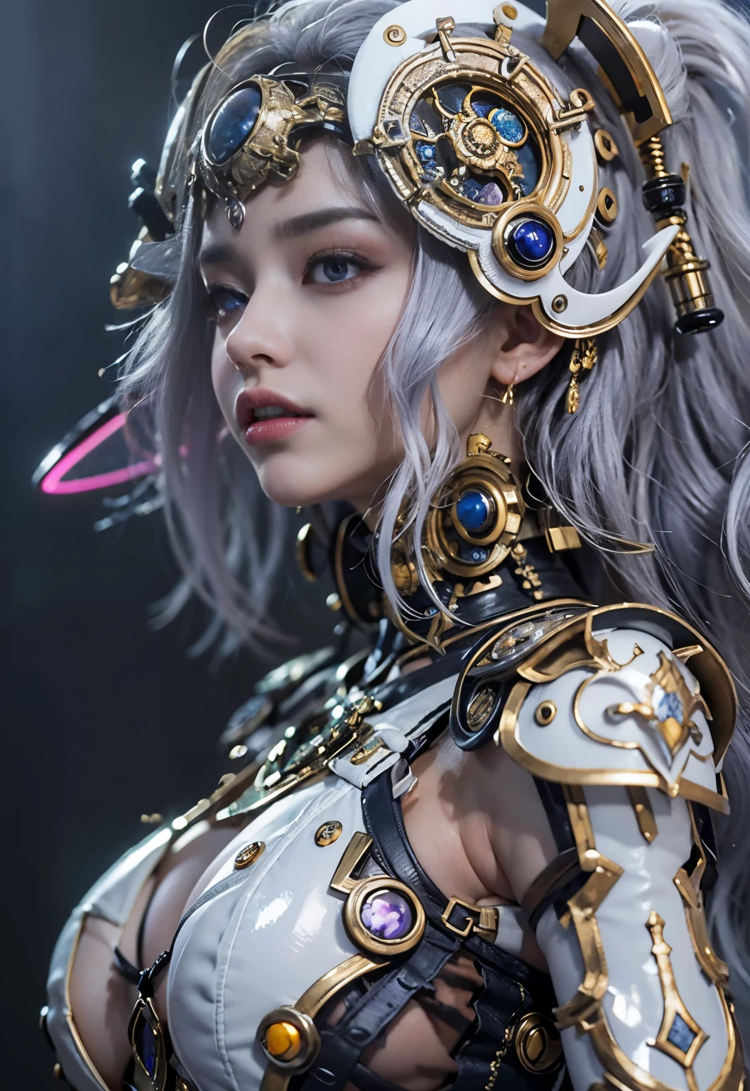 top-quality、masterpiece、超A high resolution、(Photorealsitic:1.4)、Raw photo、Steampunk Battle Cyborg Angel、large wings made of metal、White porcelain body、Acrylic Clear Cover、white hair、glowy skin、1 Cyborg Girl、((super realistic details))、portlate、globalillumination、Shadow、octan render、8K、ultrasharp、character edge light,Colossal tits、Raw skin is exposed in cleavage、Details of complex ornaments、Sumerian details、Hydraulic cylinder、Small LED lamp、highly intricate detail、Realistic light、a purple eye、radiant eyes、Facing the camera、neon details、cowboy shot、Futuristic headgear、About Cyberpunk、、