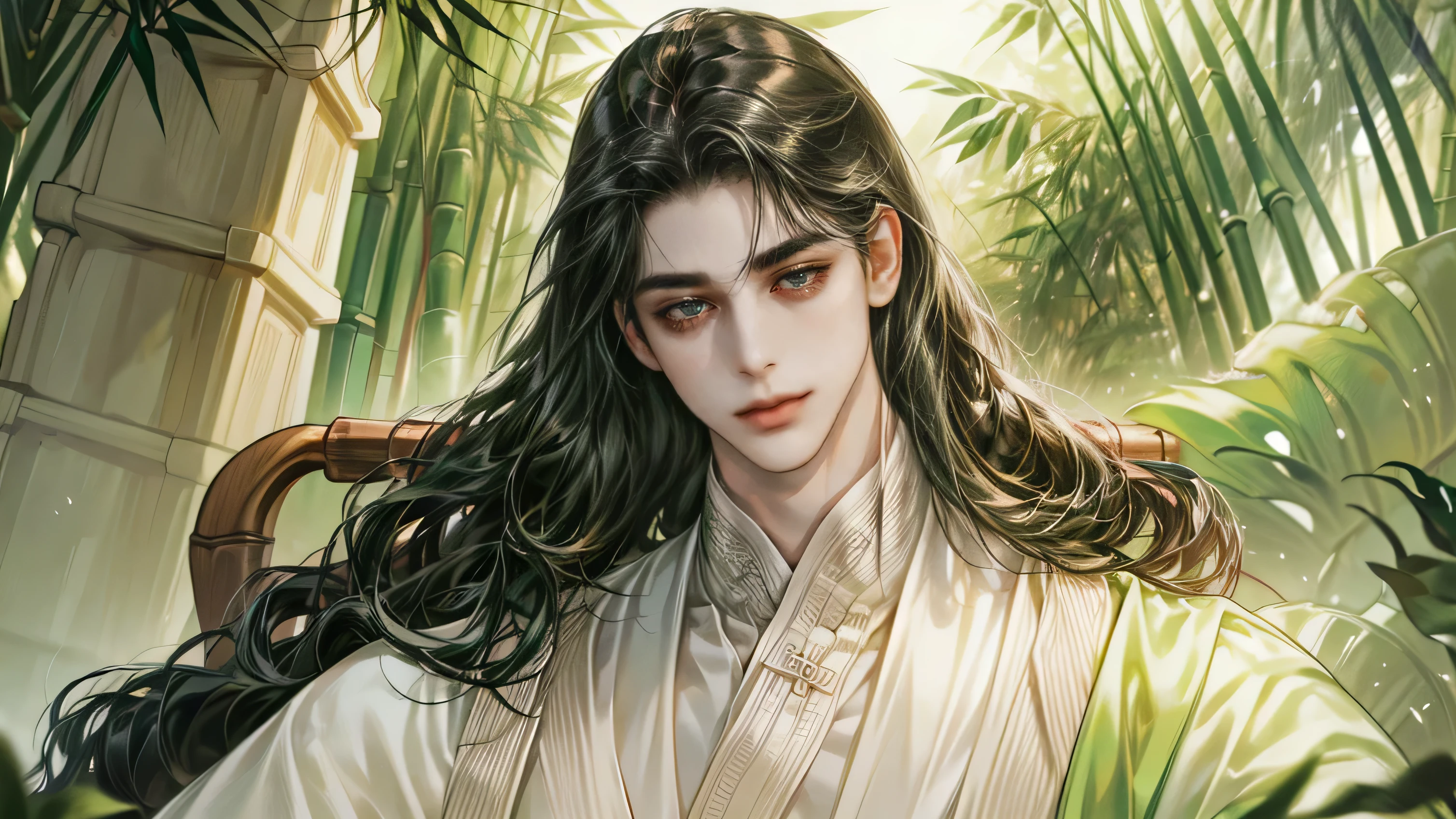  beautiful youth, a bright smile,All green clothing,(absurdres, highres, ultra detailed, HDR), masterpiece, best quality, 1 boy , boy character ,((Thick ,black, long hair)),beautiful face,detailed interior, detailed character,((man)),(male in bamboo forest), black hair,he smile,1man,the house of ancient China, beautiful man with long black hair and black eyes,((solo man)),long hair,((he has a Big eyes, charming lips, slim nose and small face)),he has a slander shape,thin body,position,ponytied it with accessories,(Men with small, narrow shoulders),