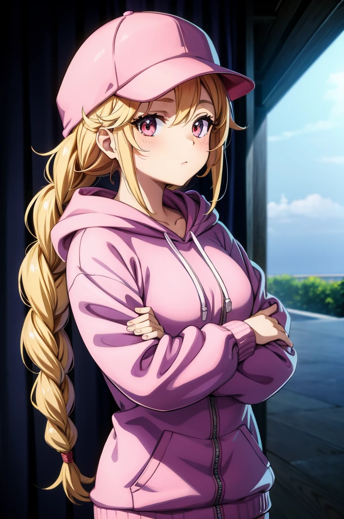 an anime girl with big hair and a bright pink cap and hood, 1girl, solo, long hair, hat, blonde hair, braid, baseball cap, hoodie, hood, blush, closed mouth, cropped hoodie, looking at viewer