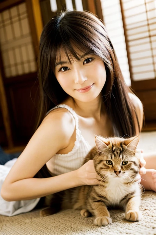 A super beautiful Japanese woman playing with a kitten
