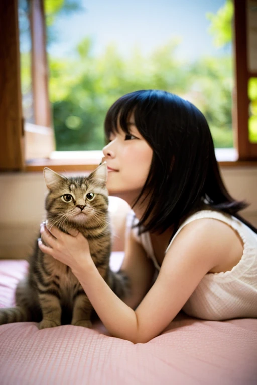 A super beautiful Japanese woman playing with a kitten
