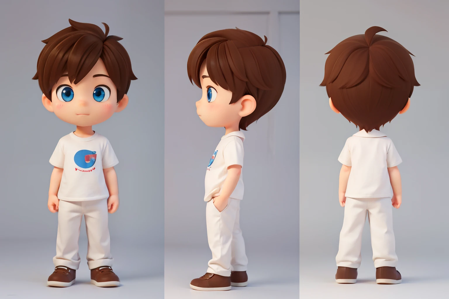 Cute little boy named sam, 3d character, handsome, chibi, big head, , simplistic design, multiple angles, , simple, front view, side view, T pose, short brown hair, blue eyes, chara-sheet