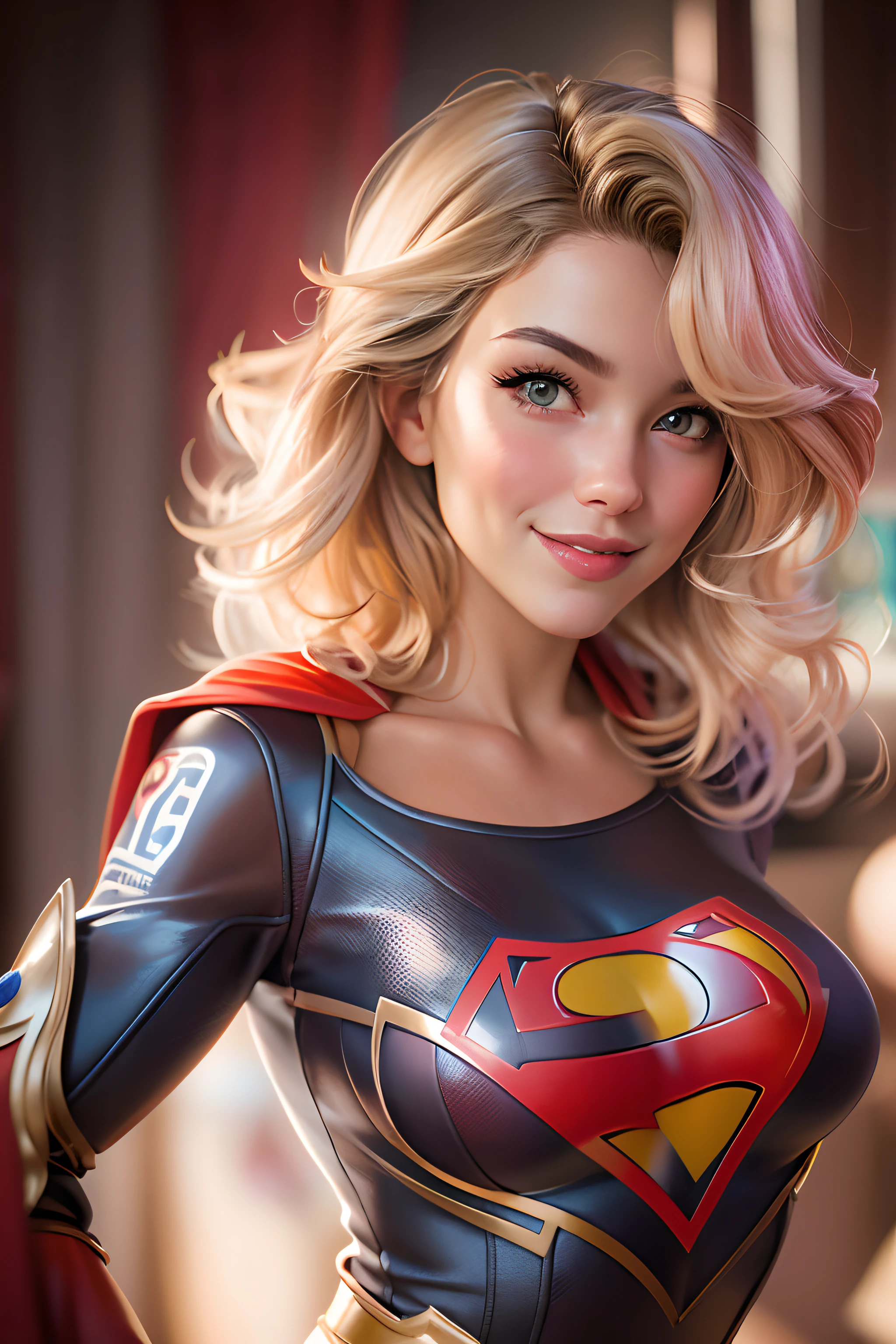 super girl, Portrait photography by Art Germ, realism style, Lustrous skin, The main character of the cartoon, Natural light, tight lips, Strong body, Feminine body, full length, viewer, (Smile:1.2), Depth of field f/1.8, studio shot, (((looking in camera))), looking in camera, ((( Camera Eye))) , ellen von unwerth, (Sexy Pose:1.5),
