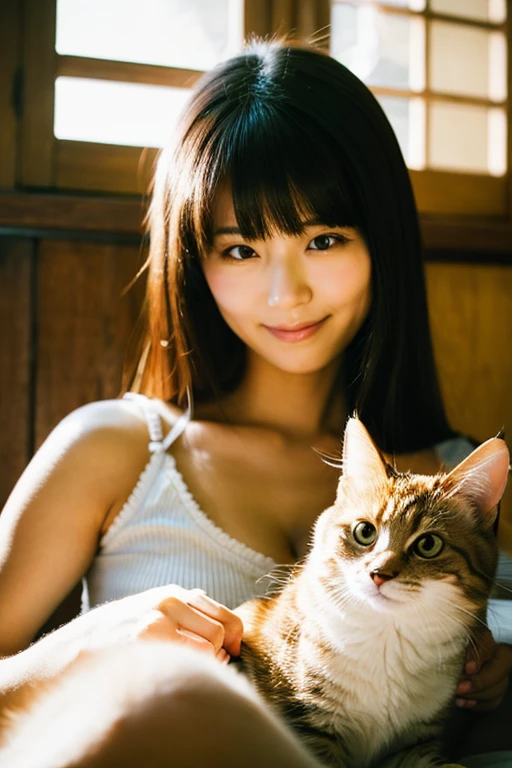 A super beautiful Japanese woman playing with a kitten
